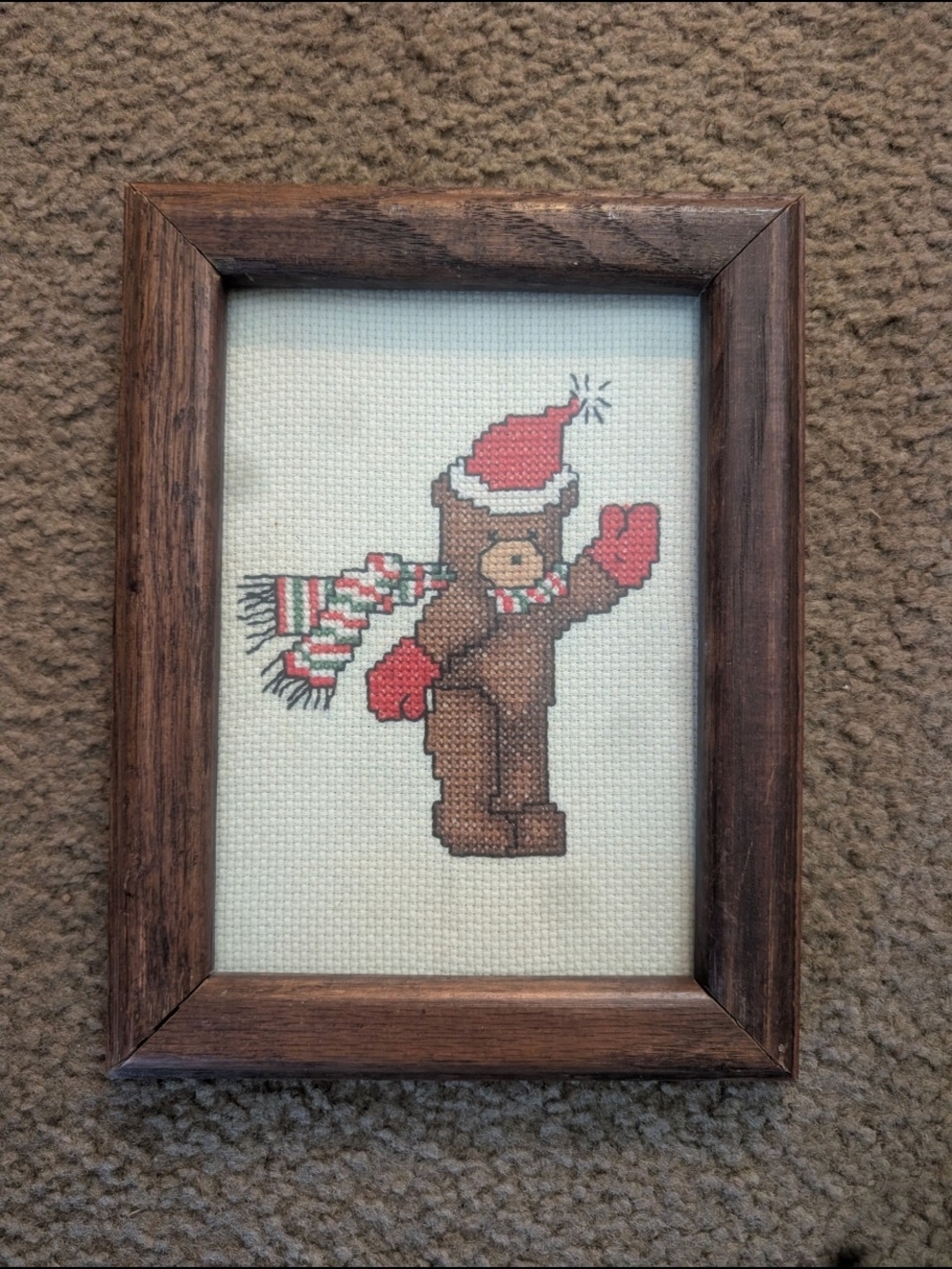 Holiday Bear Cross-Stitch Wall Art - Brown and Red
